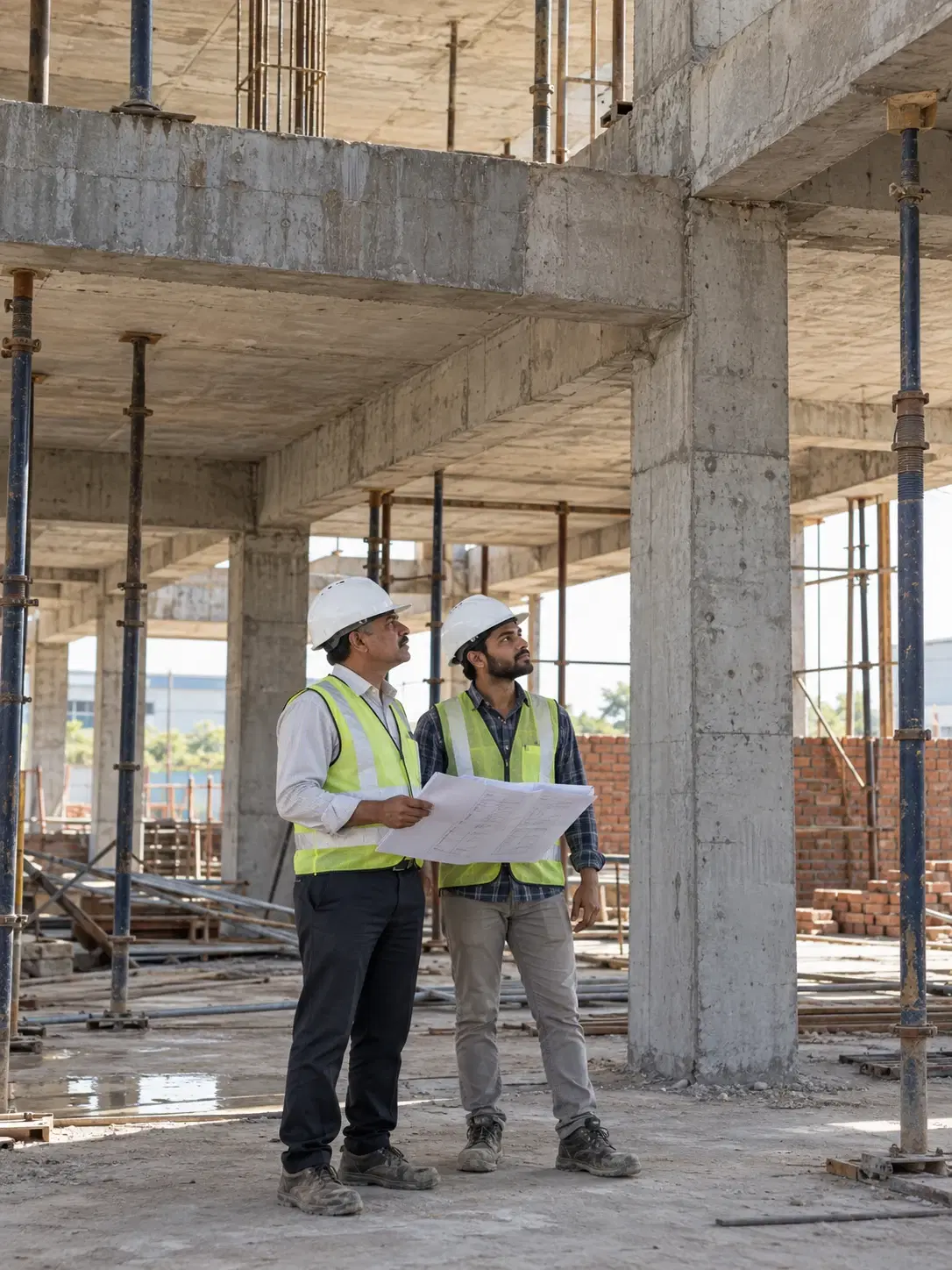 Representative scene of Indian engineers inspecting a reinforced-concrete structure